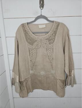 NWOT Spencer Alexis size 1X tan linen & cotton crochet pull over top